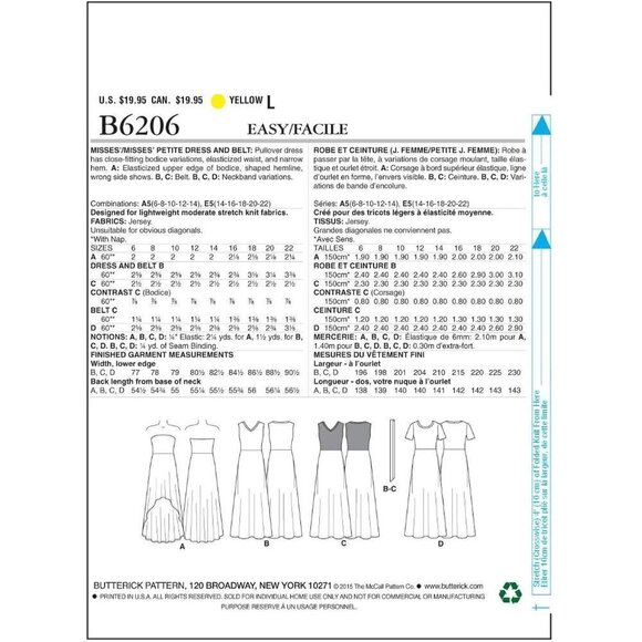 Butterick Sewing Pattern 6206 Misses Petite Dress Belt Size 14-22 - Picture 2 of 3